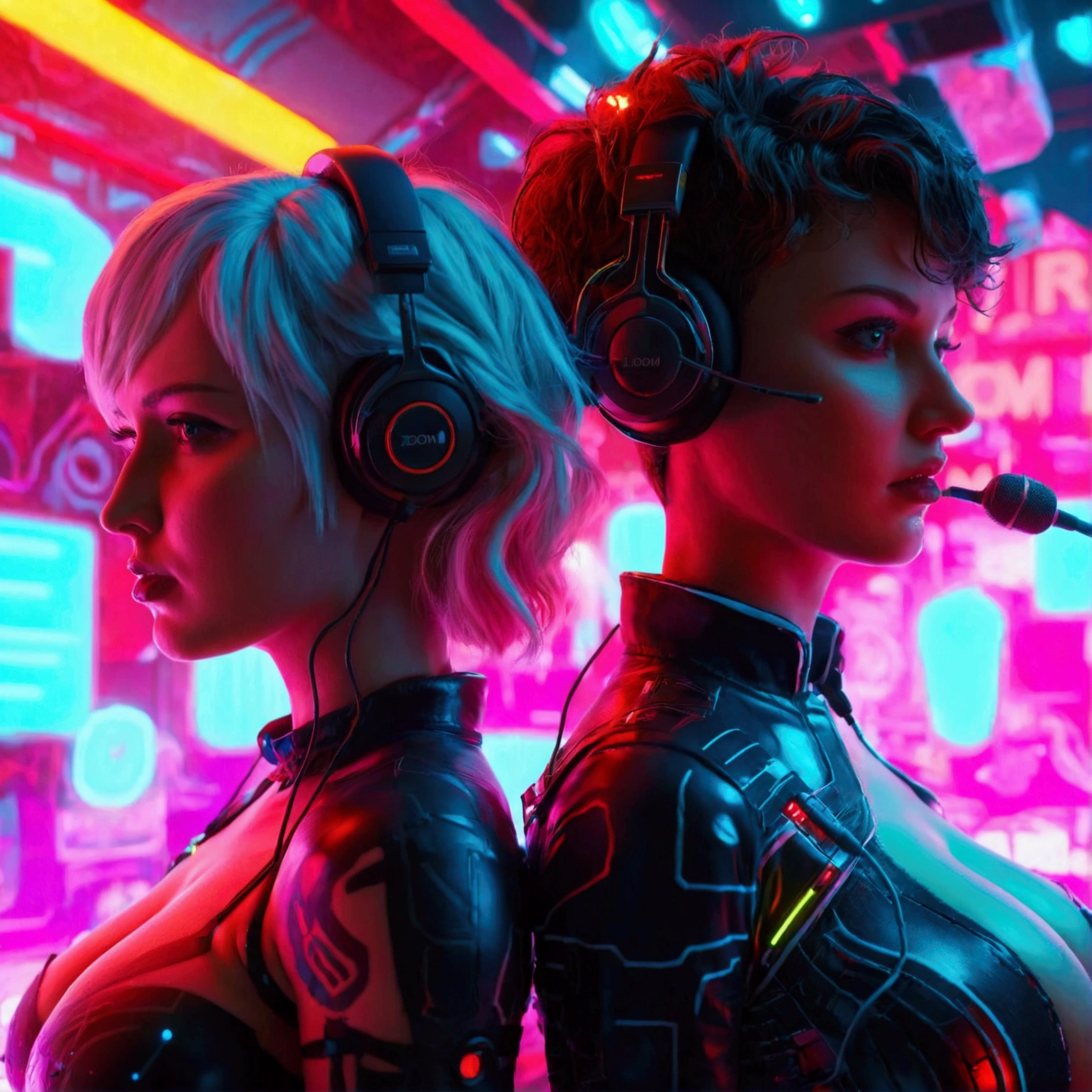 RED NOTICE graphic , image of stand figure beautiful white girl and handsome boy with microphone , headset , ulrarealistic, high resolution, neon lights, cyberpunk, background utopia room podcast studio, zoom out halfbody ,3D . CINEMATIC, her (massive breasts:1.4) and (deep cleavage:1.2)
