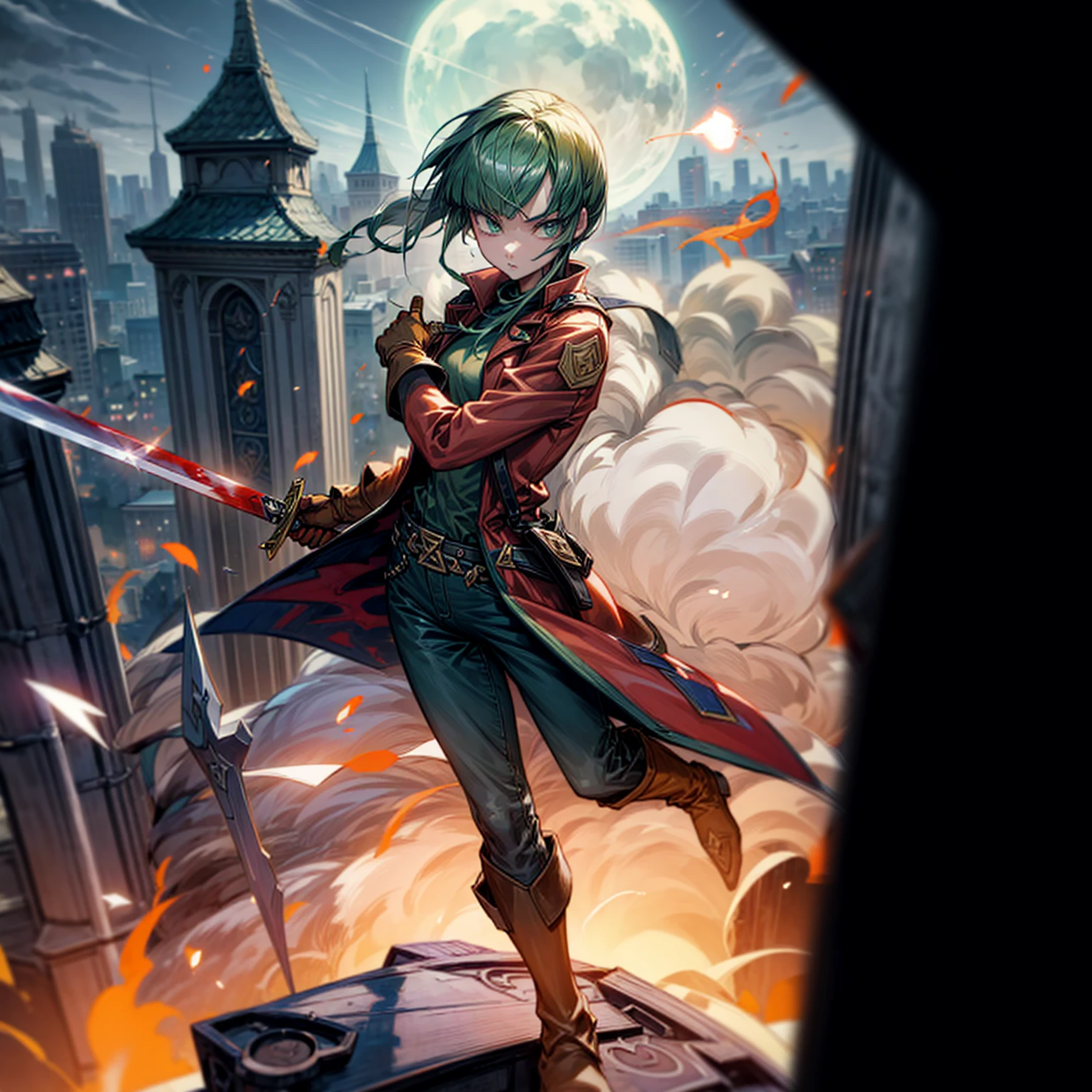 1girl, Full body version, 1character, green eyes, short haircut, (green color hair), soldier style clothing, red colour clothing, jacket, jeans, belt, boots, gloves, Grassroots, background On the roof of a city building, (motion blur), (detective conan style art), sword in hand, fire effect on sword, lighting effect on sword, fire effect, smoke effect, aura effect, Moonlight, bloody background, blood on face, blood on shirt, blood on sword