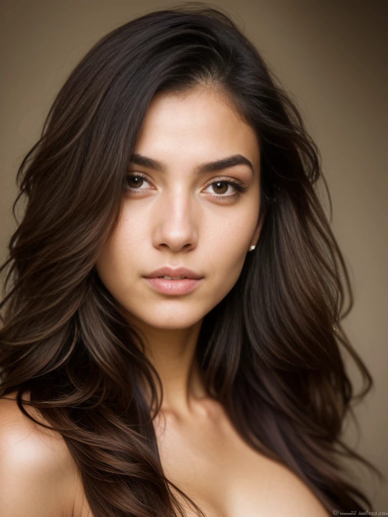 Portrait woman, young sexy girl with dark brown eyes, ultra realistic, meticulously detailed, with brown hair and large eyes, with subtle makeup, looking directly at the camera, close up, medium to large size bust, latin vibes
