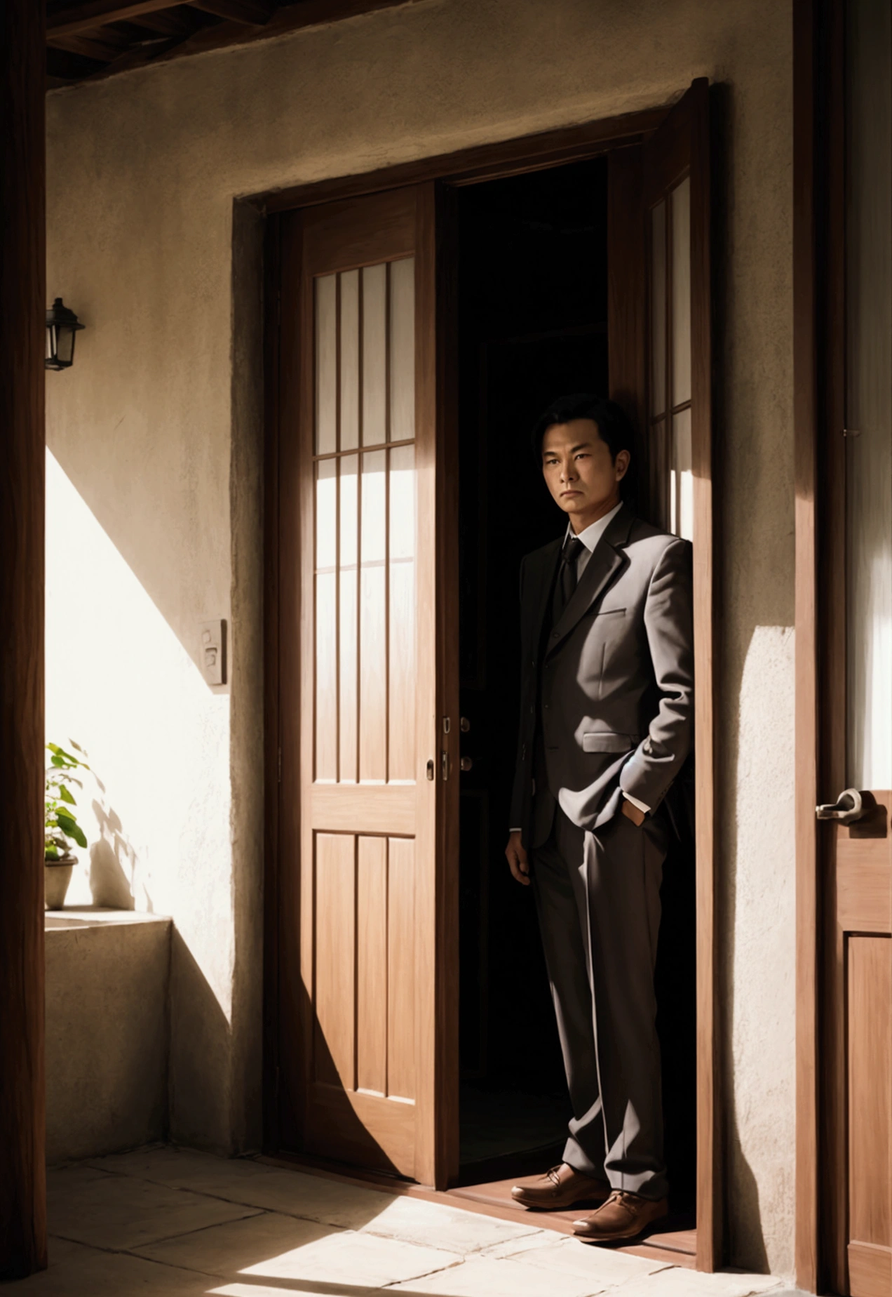 This man wait at door long time sit down near door