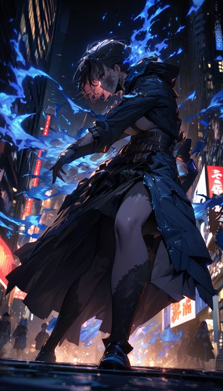 dabi (high quality detail face) standing in the distance on a tokyo street with blue flames burning around, sky scrapers in the distance, masterpiece, bestquality, night time, beautiful lighting, highly detailed, dynamic pose, blue flames all around, #quality, 8K, wallpaper of extremely detailed face, top-quality, golden ratio
