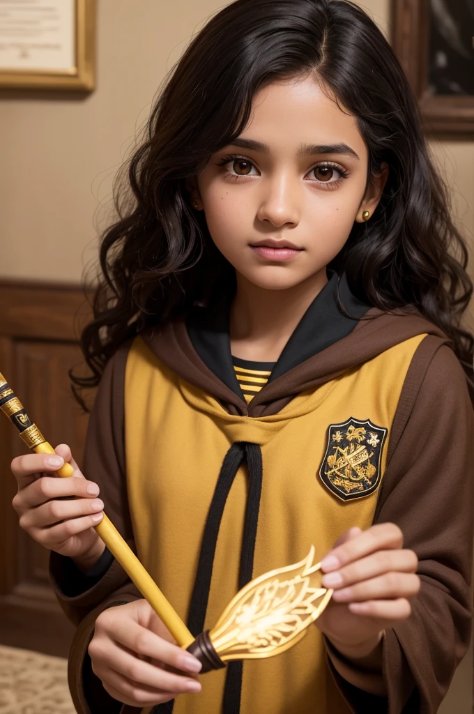 Show an image of a brown girl with black wavy hair and brown eyes in the Harry Potter universe wearing the Hufflepuff uniform holding a wand