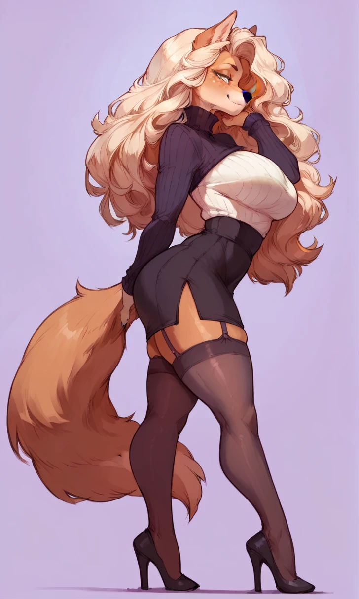 (solo) female anthro dog, long fluffy hair, dog, big breasts, attractive, turtleneck tight dress, garter belt tights fit body, dog tail,, thicc, freckles, freckles on face, smug eyes, (mad expression), she is standing look to the right, violet background, simple background, thick thighs  (side view) high heels