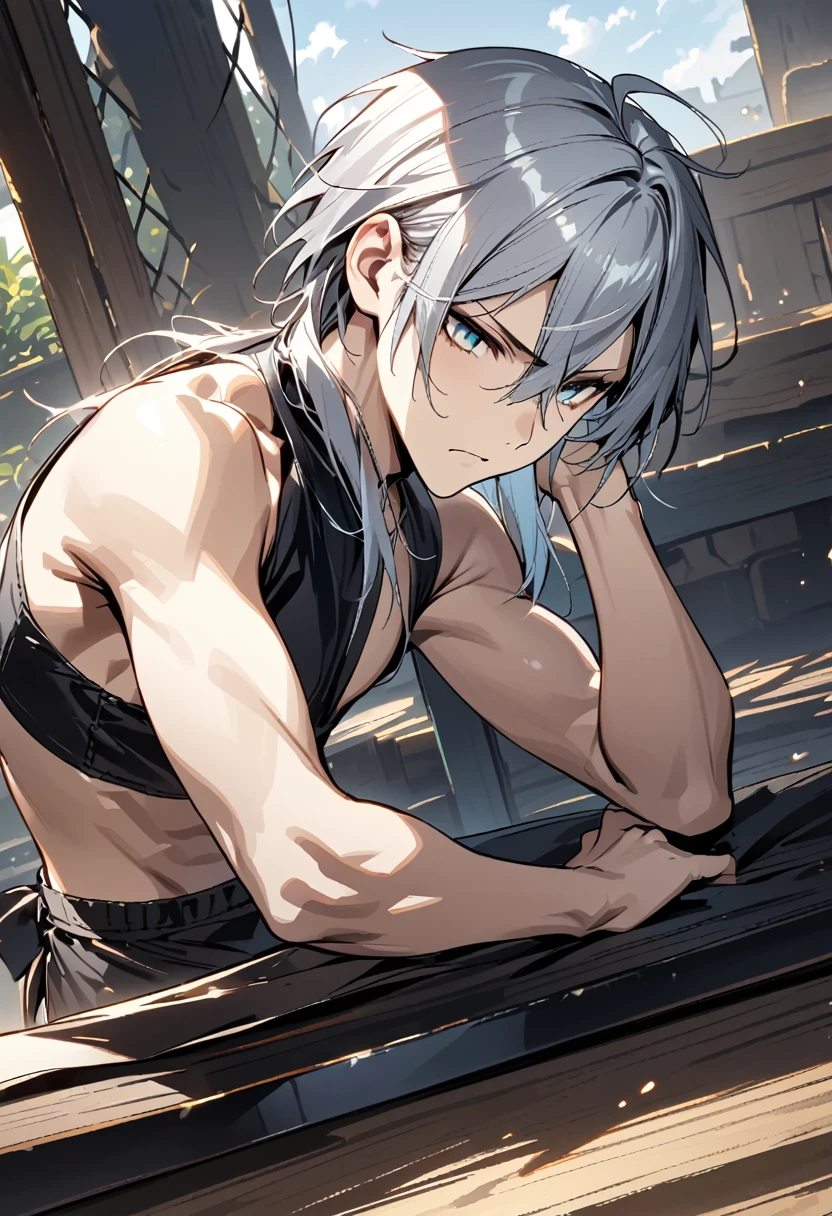 absurdres, highres, ultra detailed, super fine illustration, best quality, 1boy, perfect anatomy, male focus, solo, (dark-skinned:0.8) male, silver hair, long hair, black bikini, bare shoulders, bare arms, bare legs, &lt;lora:_L2090:-0.6&gt; &lt;lora:flat:-0.2&gt;


