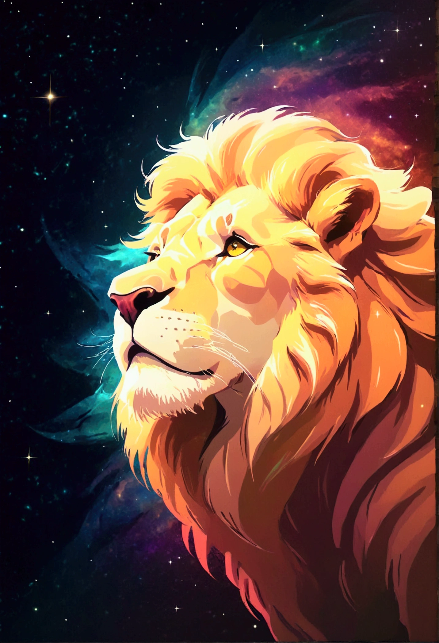a lion silhouette (stylized) composed by bright stars. Cosmic background