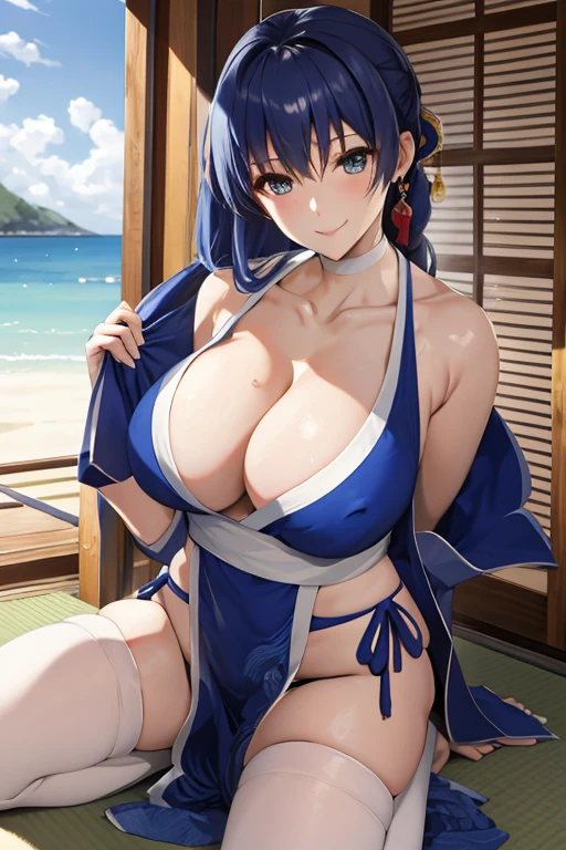 masterpiece, best quality, beautiful art, high resolution, well formed hands, body and fingers, 1 woman, solo, blue hair, blue eyes, hair ornament,  adult, grown up, big breasted, cleavage,  full body, braided long hair, blue_japanese_clothes, wearing DOA Kasumi's blue kunoichi dress, sexy and skimpy japanese clothes, kimono peek, panties peek, sleeveless, white stockings, gorgeous legs and thighs, she starts fighting back, she punches directly to the viewer, throwing fists, action and fighting scene, smiling joyfully, looking at the viewer, flirting, beach environment 