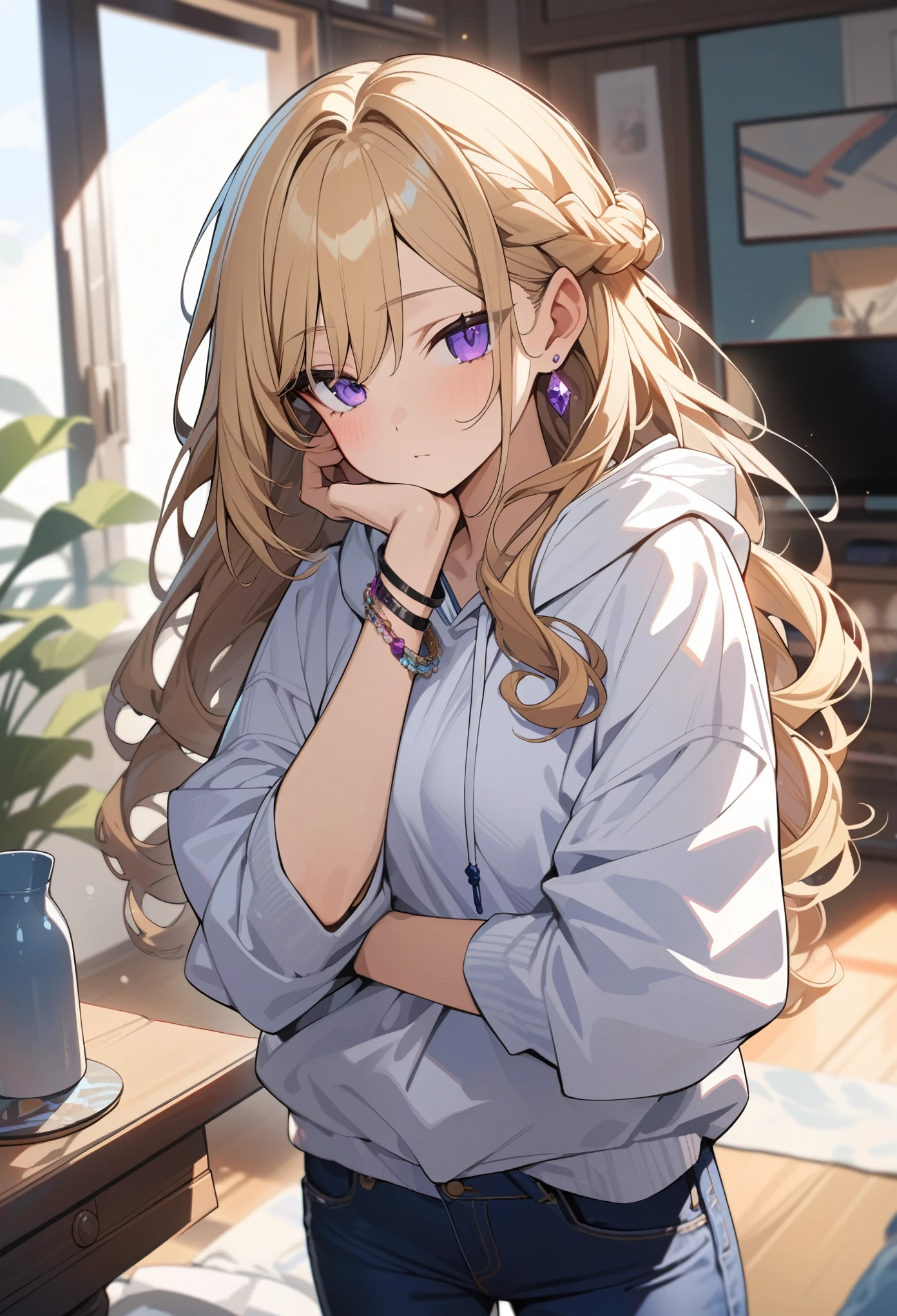 masterpiece, best quality, extremely detailed, ultra detailed, flat anime, 2D,
1girl, (young adult:1.2),blonde hair, (semi-long hair:1.2), curly hair, french braid, medium breasts, purple eyes, tsurime, height 1.7meters,
white hooded sweatshirt, jeans, earring,bracelet, long sleeves,socks,
Chin in hand.,jitome,very interesting,
upper body, portrait,
summer, livingroom, 12AM., standing