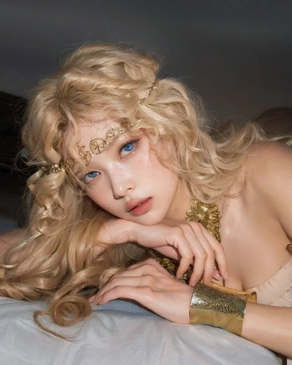 Beautiful woman, with doll-like beauty and angelic beauty, beautiful strands of curly, blonde, curly hair, big eyes, pale skin, blue eyes, large reddish freckles, doll-like mouthaegyo cute sal, doll beauty, round eyes,