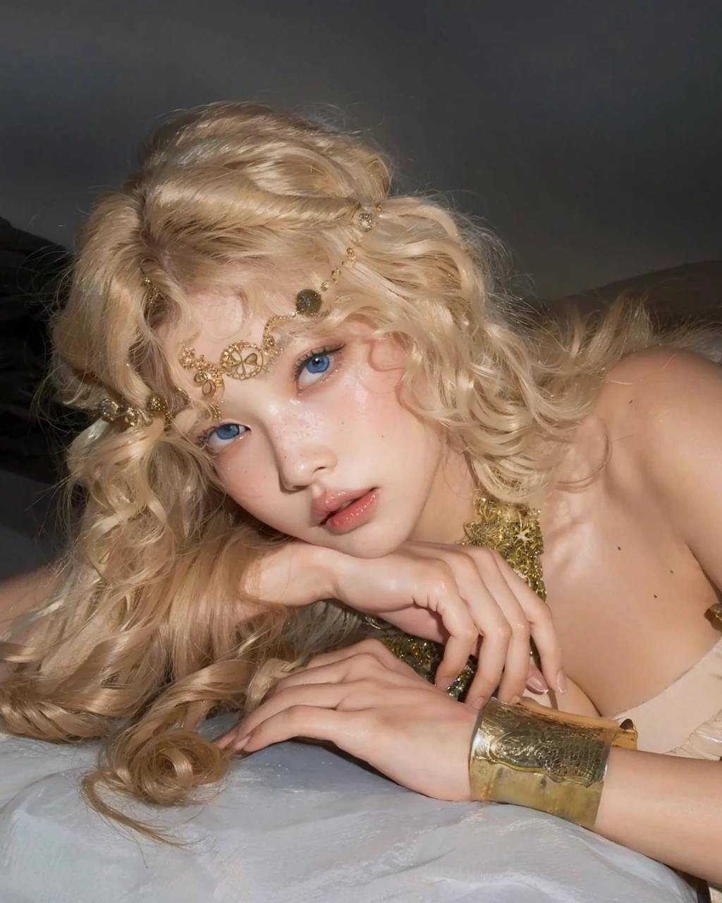 Beautiful woman, with doll-like beauty and angelic beauty, beautiful strands of curly, blonde, curly hair, big eyes, pale skin, blue eyes, large reddish freckles, doll-like mouthaegyo cute sal, doll beauty, round eyes,