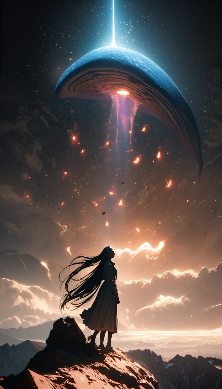 Low angle view,Looking up, A long-haired girl standing on the top of the mountain,A glowing Leviathan as huge as a whale flew overhead,Starry Sky,Canon EOS R5,Photo effects,Graininess,Glowing Effects,Super Fine,Ultra-realistic,Real light and shadow contrast,True ray tracing,True light falloff,True light reflection,Anti-aesthetic style,Poodlepunk,Snapshot aesthetic style , High Saturation,CG Art, Makoto Shinkai's photo, pure, Concept Art, Lofi Art style,Shinkai Makoto animation art style, Lofi Art, Beautiful anime scene, Anime Landscape, Detailed scenery, Makoto Shinkai's style, Makoto Shinkai's style, Enhance Details