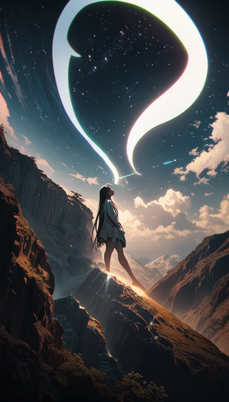 Low angle view，Looking up， A long-haired girl standing on the top of the mountain，A glowing Leviathan as huge as a whale flew overhead，Starry Sky，Canon EOS R5，Photo effects，Graininess，Glowing Effects，Super Fine，Ultra-realistic，Real light and shadow contrast，True ray tracing，True light falloff，True light reflection，Anti-aesthetic style，Poodlepunk，Snapshot aesthetic style ， High Saturation，CG Art， Makoto Shinkai&#39;s photo, pure, Concept Art, Lofi Art style，Shinkai Makoto animation art style, Lofi Art, Beautiful anime scene, Anime Landscape, Detailed scenery, Makoto Shinkai&#39;s style, Makoto Shinkai&#39;s style, Enhance Details