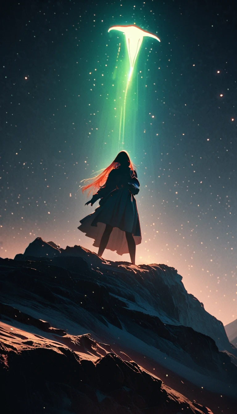 Low angle view，Looking up， A long-haired girl standing on the top of the mountain，A glowing Leviathan as huge as a whale flew overhead，Starry Sky，Canon EOS R5，Photo effects，Graininess，Glowing Effects，Super Fine，Ultra-realistic，Real light and shadow contrast，True ray tracing，True light falloff，True light reflection，Anti-aesthetic style，Poodlepunk，Snapshot aesthetic style ， High Saturation，CG Art， Makoto Shinkai&#39;s photo, pure, Concept Art, Lofi Art style，Shinkai Makoto animation art style, Lofi Art, Beautiful anime scene, Anime Landscape, Detailed scenery, Makoto Shinkai&#39;s style, Makoto Shinkai&#39;s style, Enhance Details