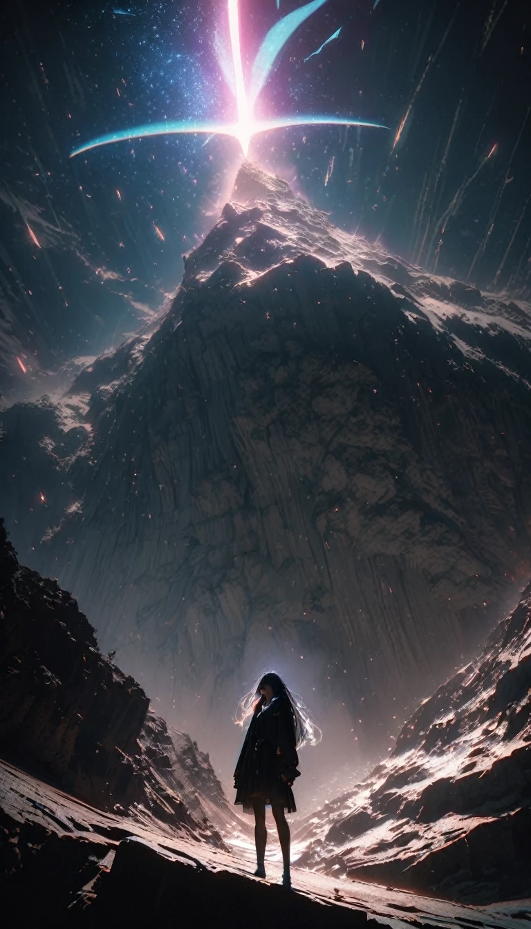 Low angle view,Looking up, A long-haired girl standing on the top of the mountain,A glowing Leviathan as huge as a whale flew overhead,Starry Sky,Canon EOS R5,Photo effects,Graininess,Glowing Effects,Super Fine,Ultra-realistic,Real light and shadow contrast,True ray tracing,True light falloff,True light reflection,Anti-aesthetic style,Poodlepunk,Snapshot aesthetic style , High Saturation,CG Art, Makoto Shinkai's photo, pure, Concept Art, Lofi Art style,Shinkai Makoto animation art style, Lofi Art, Beautiful anime scene, Anime Landscape, Detailed scenery, Makoto Shinkai's style, Makoto Shinkai's style, Enhance Details