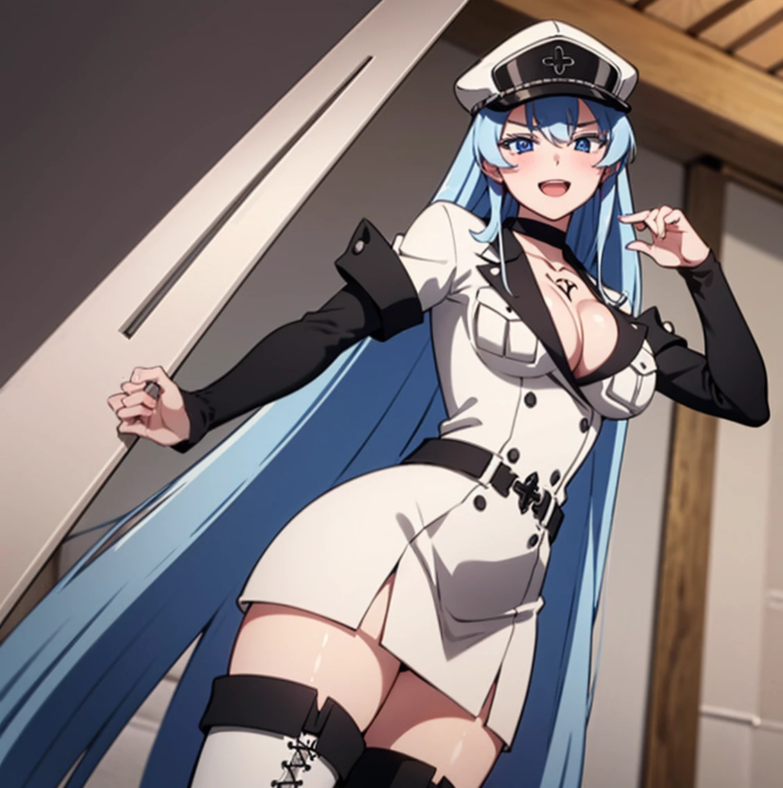 ((1girl)),((single)), esdeath,(masterpiece), (best quality), (ultra detailed), (best illustration), (best shadow), (absurdities), sharp focus, cowboy photo, looking at viewer, big breasts, narrow waist, wide hips, medium thighs, round butt, dynamic posture, mature woman, thigh high boots, white boots, long hair, blue hair, blue eyes, thighs, alone, very long hair, cleavage , chest tattoo, white boots, big breasts, military uniform, white uniform, cap with white visor, military cap, uniform, choker, zettai ryouiki, cloud, white thighs, white skin, smile, seductive smile, closed mouth, ( sexy pose: 1.2), ((solo)), standing: 1.3, indoor, castle, window, night, medieval landscape, looking forward ((focus on thighs)), point of view (from below), red blush , perfect anatomy, perfect hands