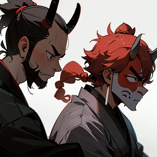 two samurai, wearing oni masks, fighting against each other