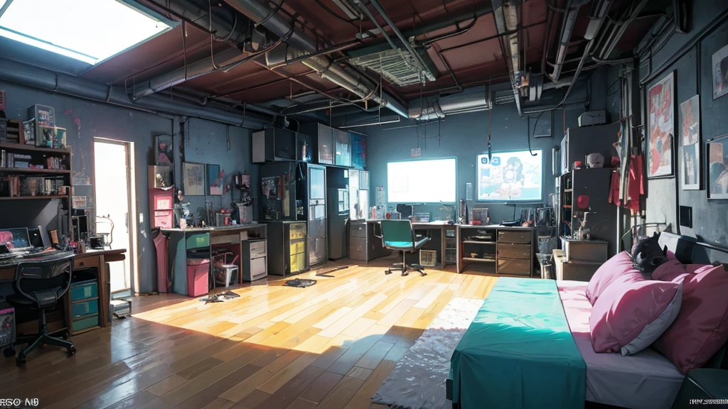 cartoon of a living room with a tv and a cat, style of madhouse studio anime, background jet ground radio, in a cluttered lab, from akira ( 1 9 8 8 ) style, cyberpunk childrens bedroom, bedroom in studio ghibli, the cyberpunk apartment, cyberpunk garage on jupiter, cyberpunk ager bedroom, indoor lab scene, random background scene