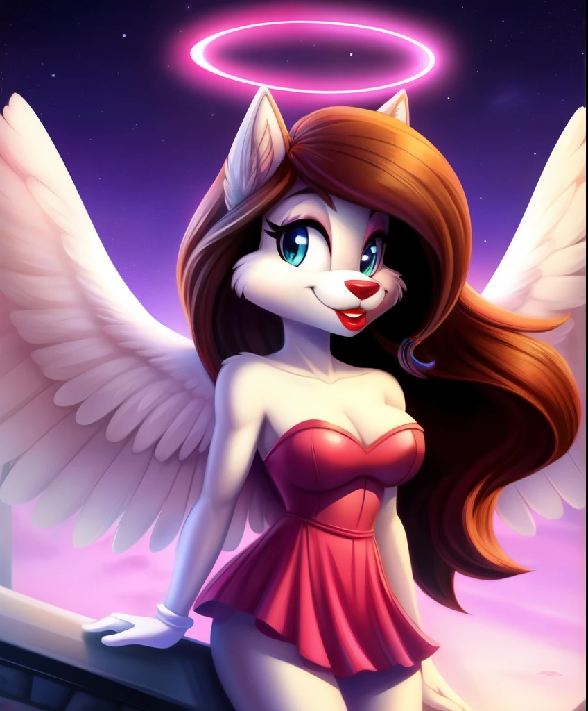 Female anthro husky as an guardian angel, halo, white soft long feathered wings, long hair, red lipstick, heart shaped strapless short dress, white long gloves, pink Heaven sky in the background, tiny toons style