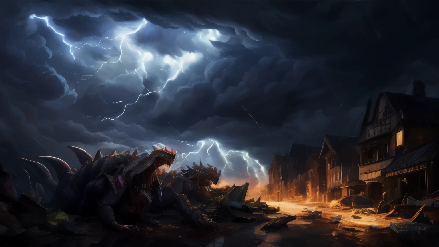 ((best quality)), ((masterpiece)), (detailed), A digital illustration of a destroyed multiple monsters scattered in the town with storm clouds and lightning in the background