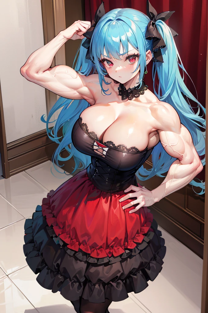 1girl, solo, (((huge breasts, muscular shoulders, muscular arms, big biceps))), cleavage, bursting breasts, skindentation, collarbone, blue hair, red eyes, twintails, long hair, hair ribbons, indoors, (narrow waist, (ta fashion, gothic lolibare shoulders, bare arms)), ((petite, one arm up, (one hand on own hip), clenched hand, flexing, from above))