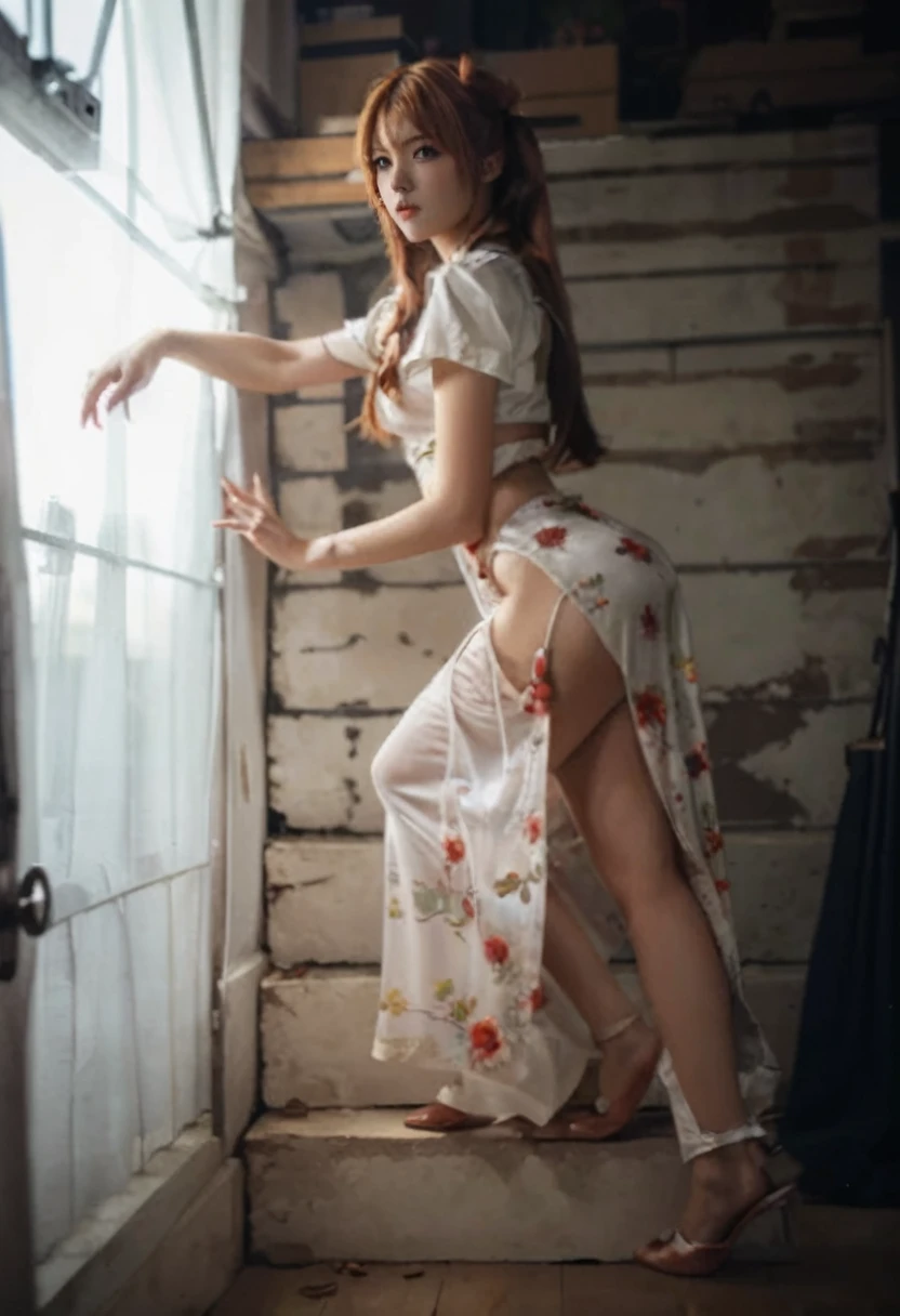 (best quality), high resolution, Asuka Langley Soryu, Beautiful Pretty Mixed German Babe, ((Beautiful face)), sexy lips, Gingers Twin tails headband long Hair, combine realism and anime influence, front view, intense gaze, chinese dress, beautiful eyes, pose, studio photoshoot, amazing legs, 