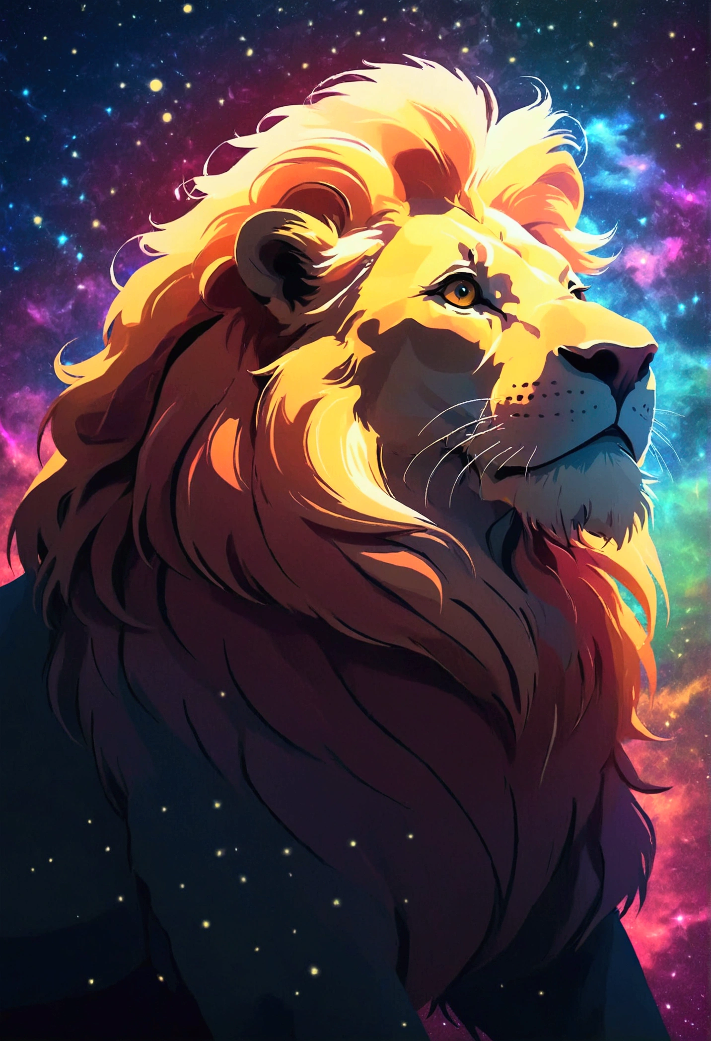 a lion silhouette (stylized) composed by bright stars. Cosmic background
