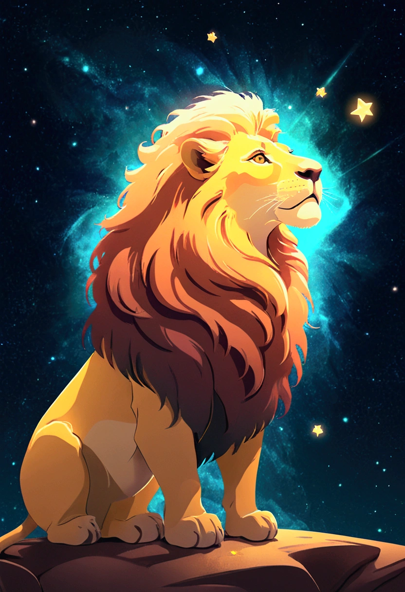 a lion silhouette (stylized) composed by bright stars. Cosmic background