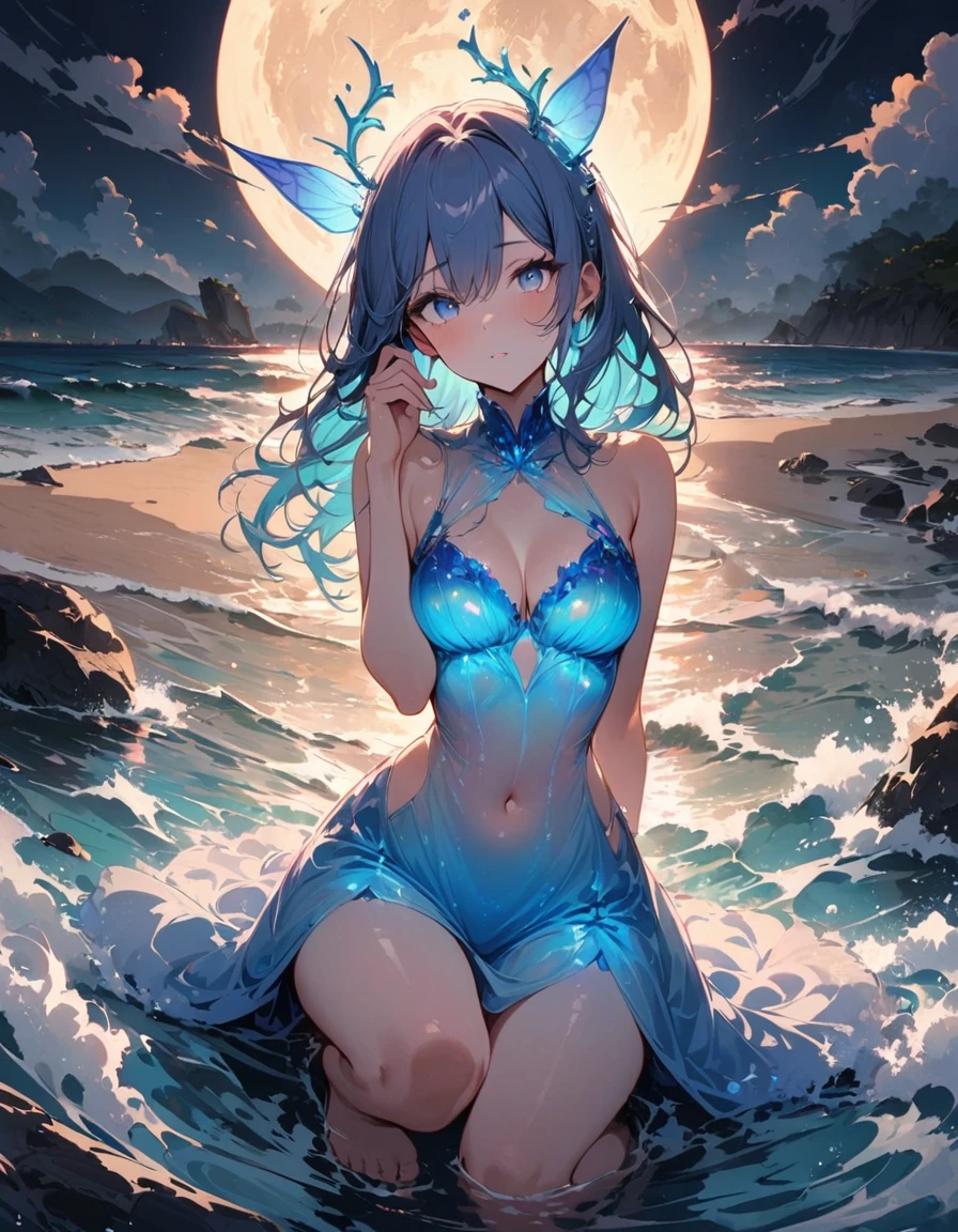 Absurd resolution, high resolution, (masterpiece: 1.4), super detailed, Depict an 18-year-old dragon girl radiating allure. NO wings, long, flowing, colorful blue hair cascading down her beautiful body. Emphasize her captivating eyes, naked body. beautiful body, Include a distinctive blue tail, Capture her in a full-body composition that highlights both her dragon essence and irresistible charm. blue hair, long hair, slighy tan.