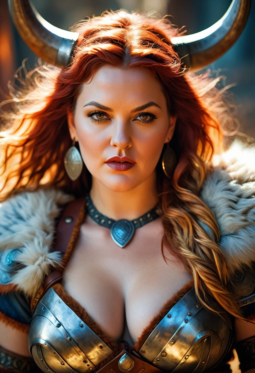 Looks like Drew Barrymore, A stunning intricate full color portrait of (sks woman:1) as (viking warrior), (barbarian), extremely seductive woman, busty outfit, perfect plus size Beauty, Barbarian warrior queen, fluffy streax hair, styled hair, epic character composition, by ilya kuvshinov, alessio albi, nina masic, sharp focus, natural lighting, subsurface scattering, f2, 35mm, film grain,