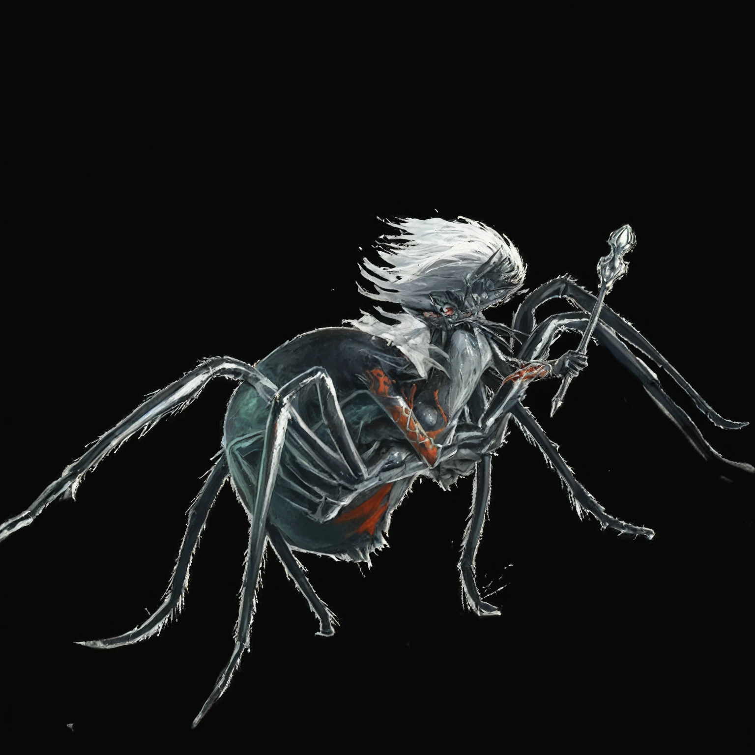A monster with a black elf upper body and a spider lower body、An illustration