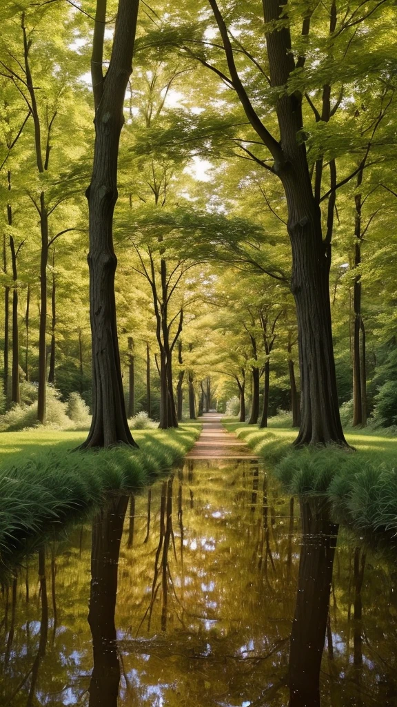 A peaceful trail surrounded by trees, illuminated by the soft evening light, evoking a sense of peace and reflection.