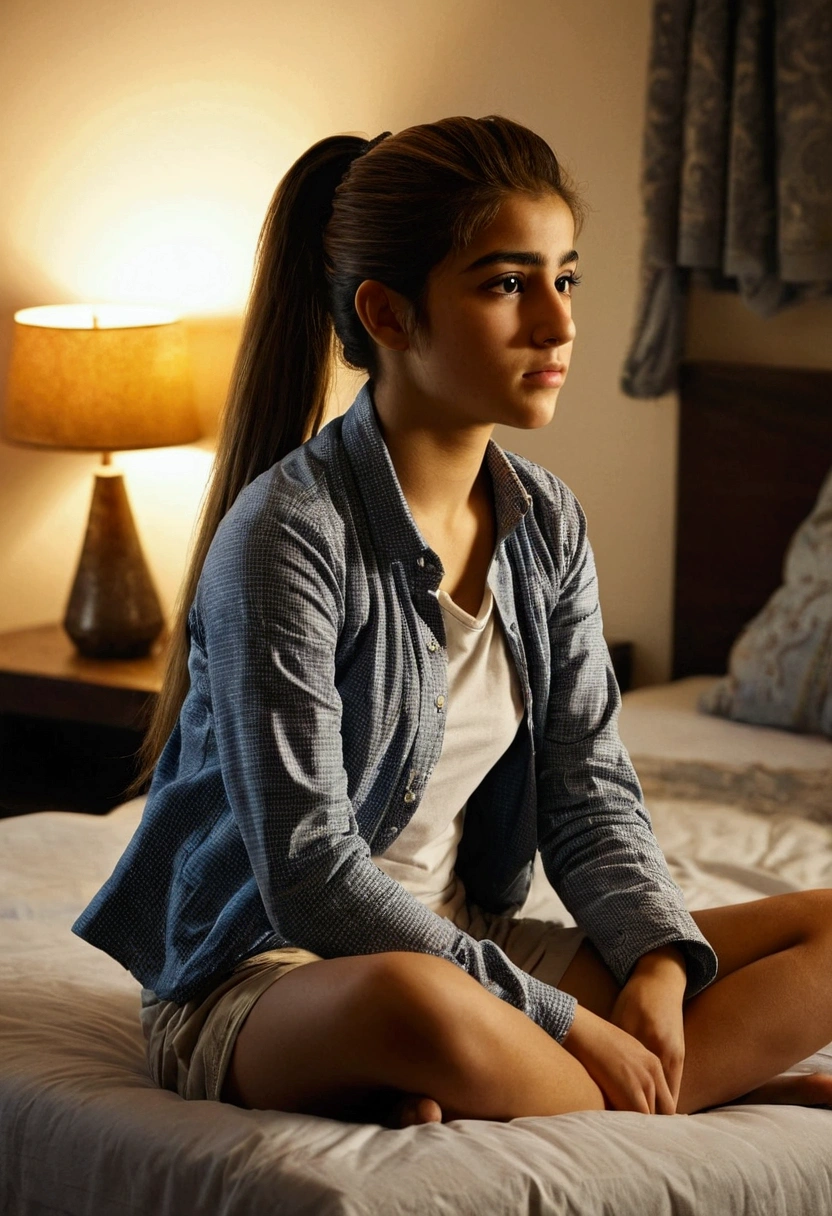 Ponytail hair Kurdish teen girl sitting on bed full body short