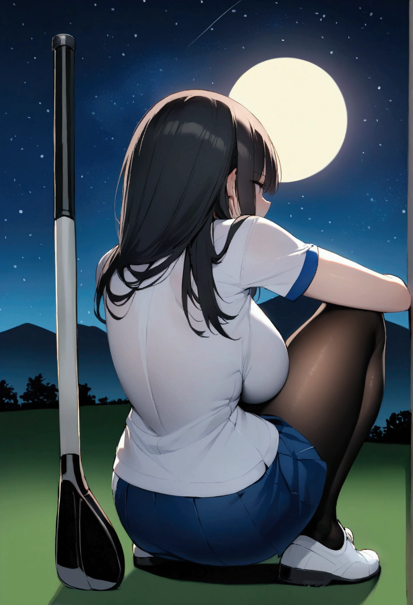 1 female、woman with very long black hair、Busty women、Spectacular views、Night Scene、The view from the top of the hill、Full moon night sky、swirling starry sky、８K、Best Quality、The woman&#39;s whole body is in the photo、The woman is wearing a miniskirt and her crotch is visible.、Standing motionless in golf wear, staring at the ball、The thong is transparent、、With a golf club