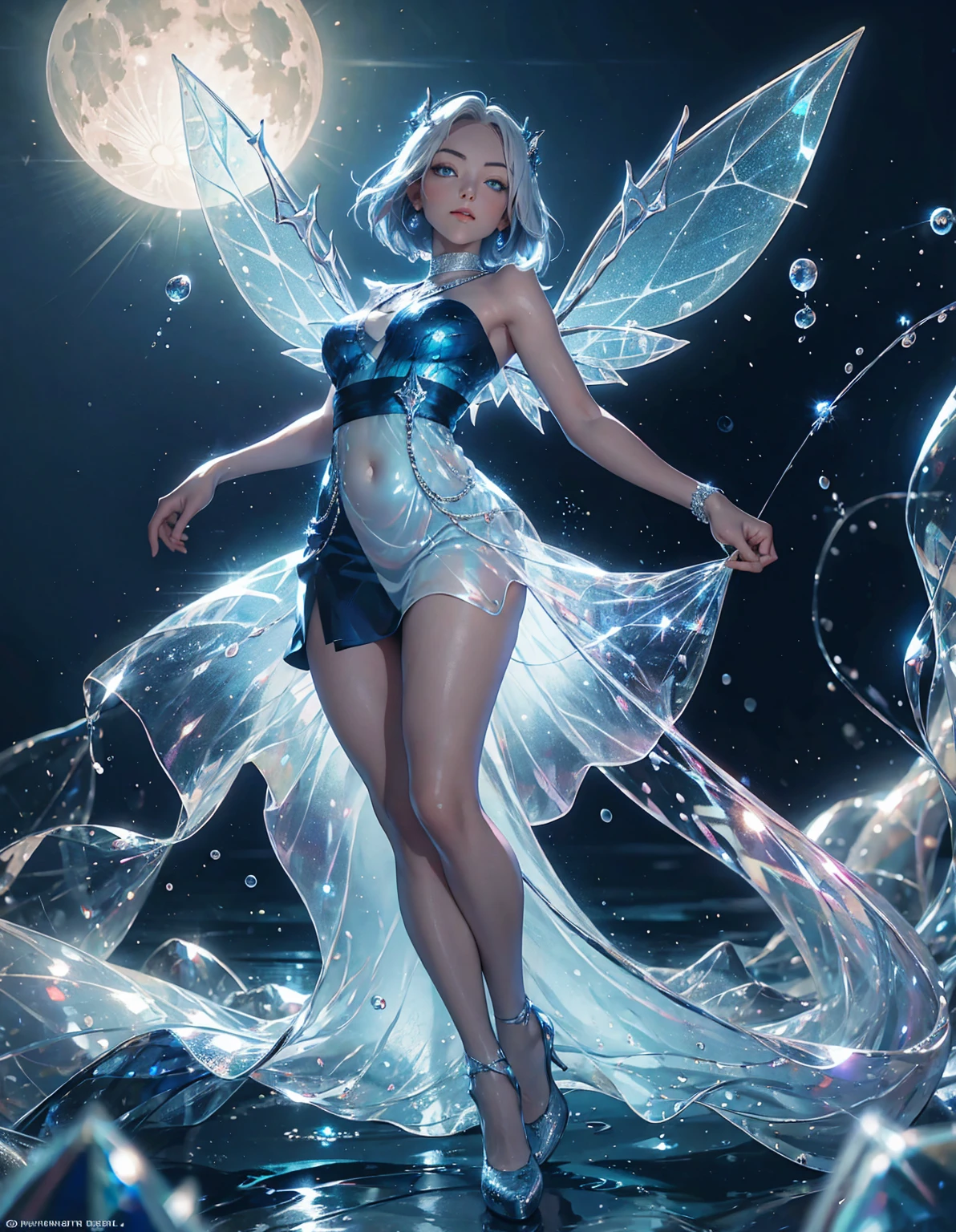 (masterpiece), best quality, expressive eyes, wide eyes, perfect face, fix face, full body, 1girl, fairy,solo,looking at the viewer, silver eyes, short blue hair, highly detailed fairy wings made of water, glass antlers, on the beach, liquid dress, bioluminescent blue glitter glow dress, white dandelion tutu dress belly, full moon, highly detailed ocean scene