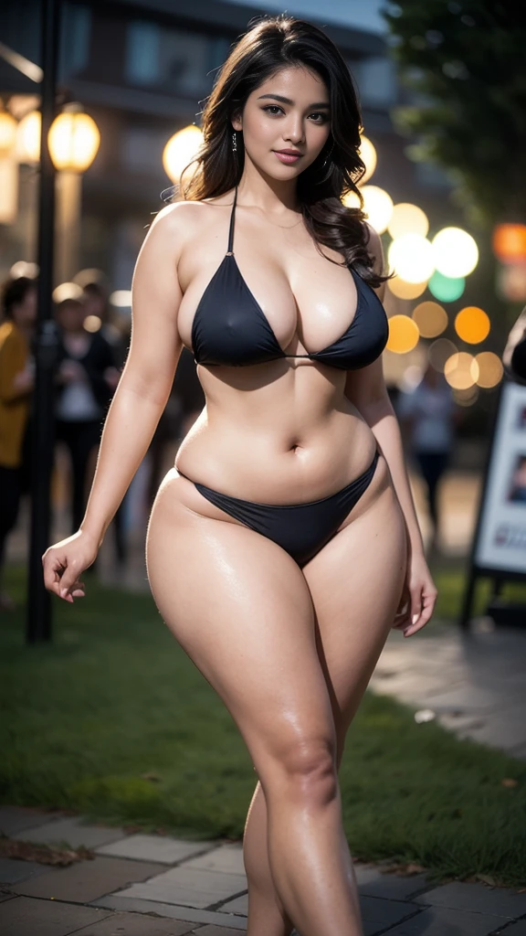 Beautiful south indian supermodel woman , widest waist, biggest breasts, curvy , long eyelashes, thick thighs, Strong calves, smirk, taniaayusiregar, She wears a bikini, photorealistic, Masterpiece, bokeh, Volumetric lighting, Fall season atmosphere, uhd, masterpiece, highest quality,bikini,curvy,plus size,fashion show