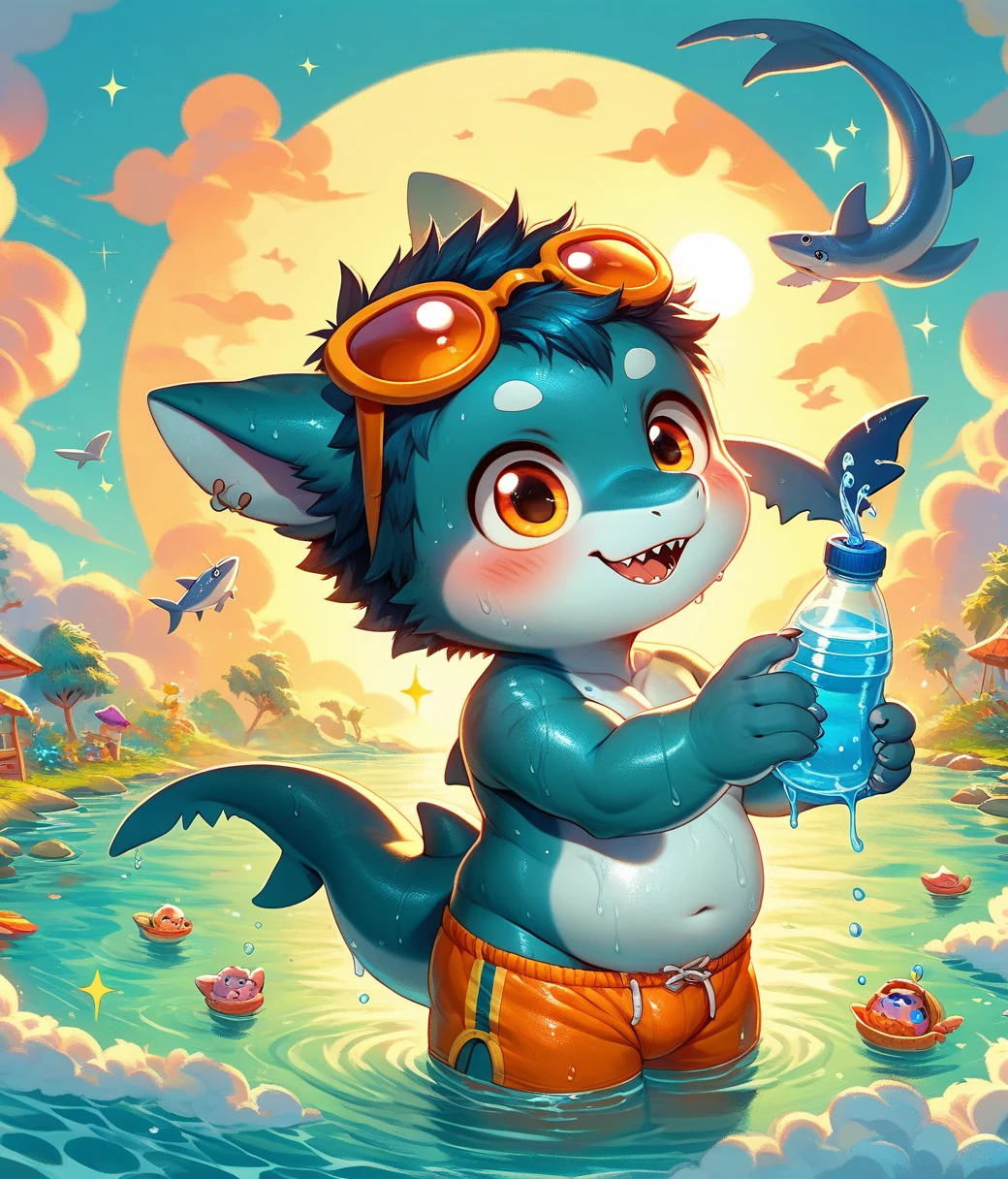 (cute, chubby, anthro, shark cub), nude, glowneon, vibrant neon, orange eyes, (((orange swim briefs))), blush, smile, open mouth, male focus, day, cloud, water, wet, sparkle, sunglasses, partially submerged, sun, detailxl