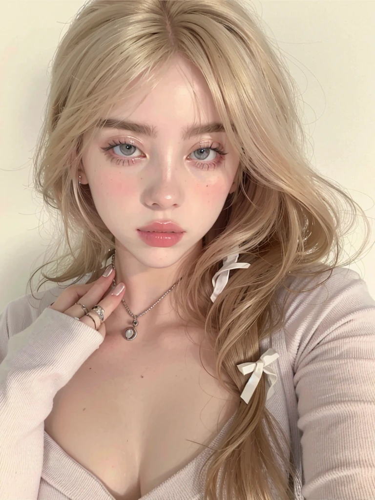 blonde woman with long hair holding a white cell phone, retrato de kim petras, maquillaje popular de corea del sur, retrato de jossi de blackpink, parque roseanne de blackpink, ulzzang, maquillaje coreano popular, cruel korean gothic girl, ava max, con el pelo largo y blanco, inspirado en Yanjun Cheng, bella delfina, kim taejin