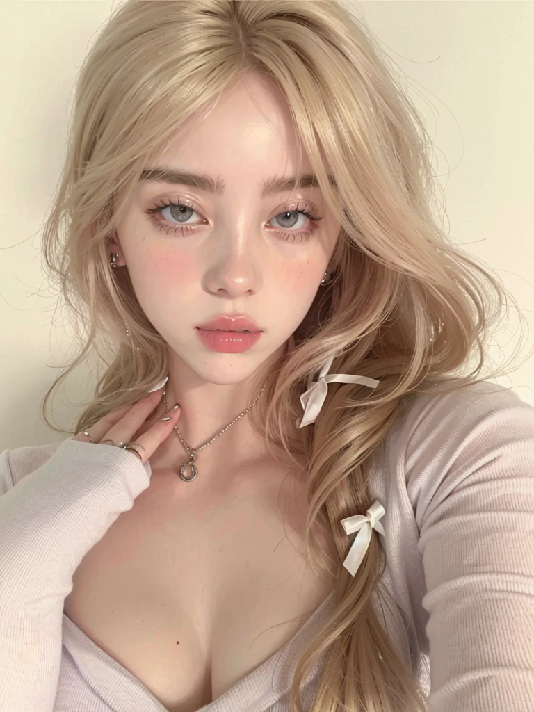 blonde woman with long hair holding a white cell phone, retrato de kim petras, maquillaje popular de corea del sur, retrato de jossi de blackpink, parque roseanne de blackpink, ulzzang, maquillaje coreano popular, cruel korean gothic girl, ava max, con el pelo largo y blanco, inspirado en Yanjun Cheng, bella delfina, kim taejin