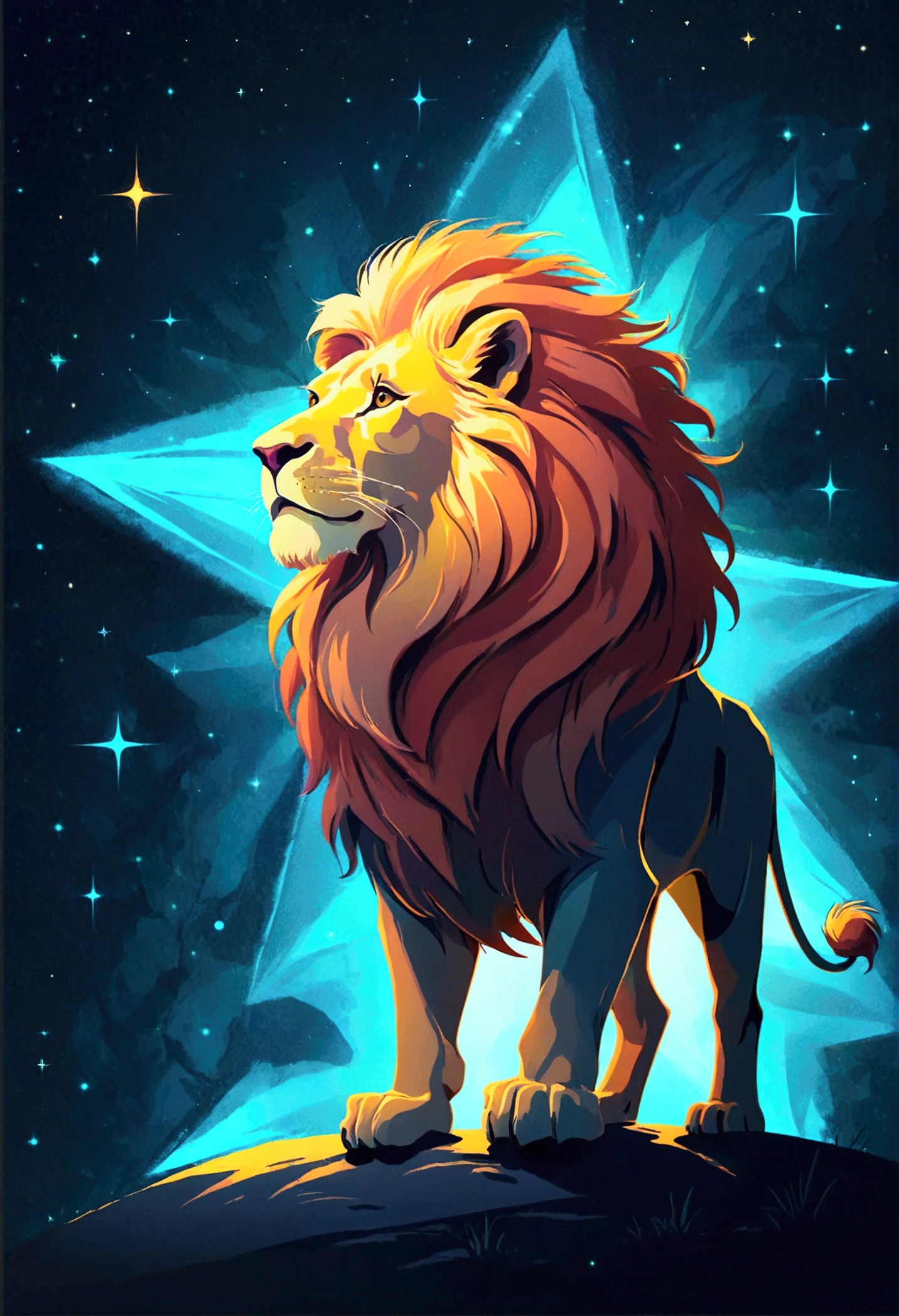 a lion silhouette (stylized) composed by bright stars. Cosmic background