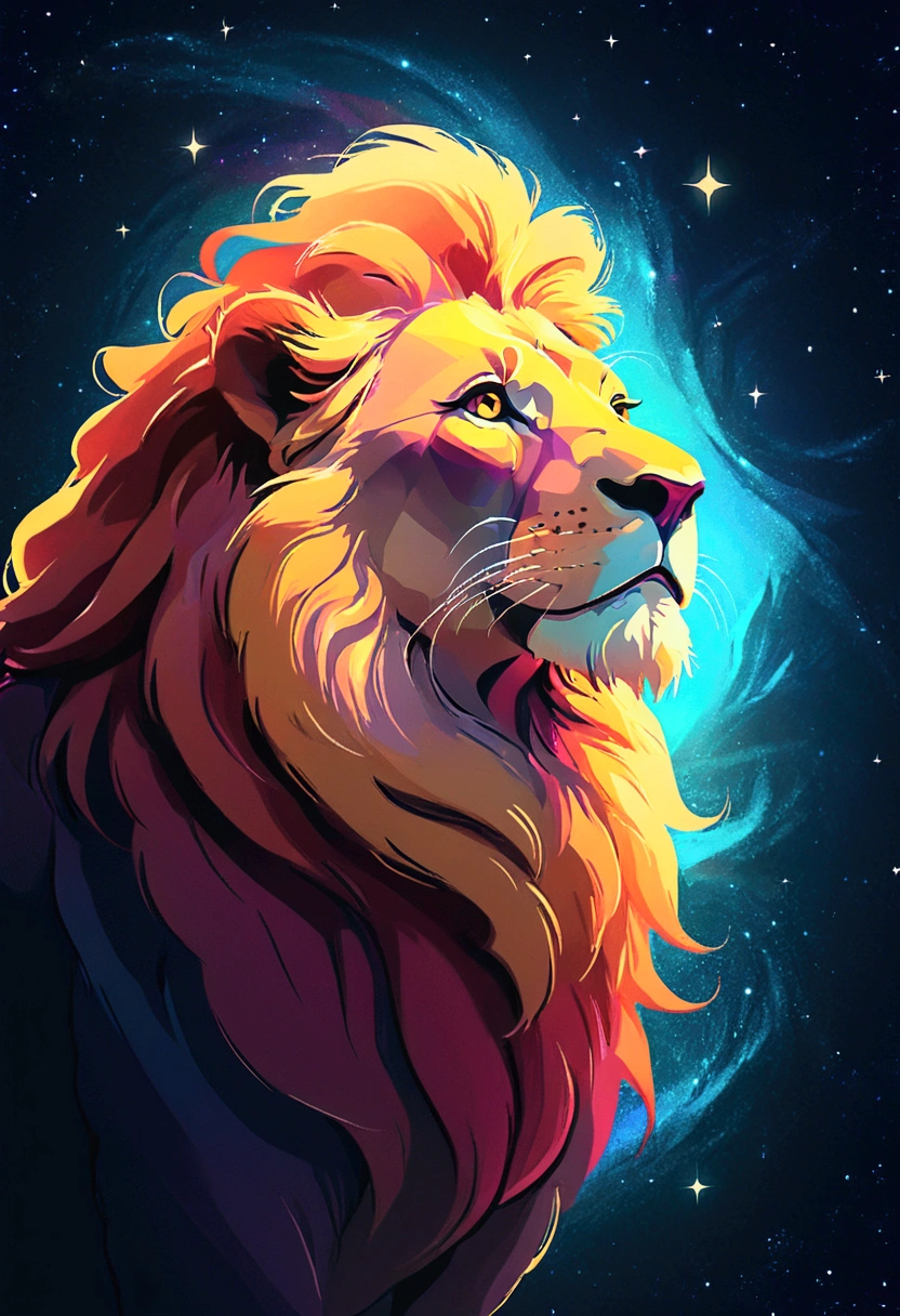 a lion silhouette (stylized) composed by bright stars. Cosmic background