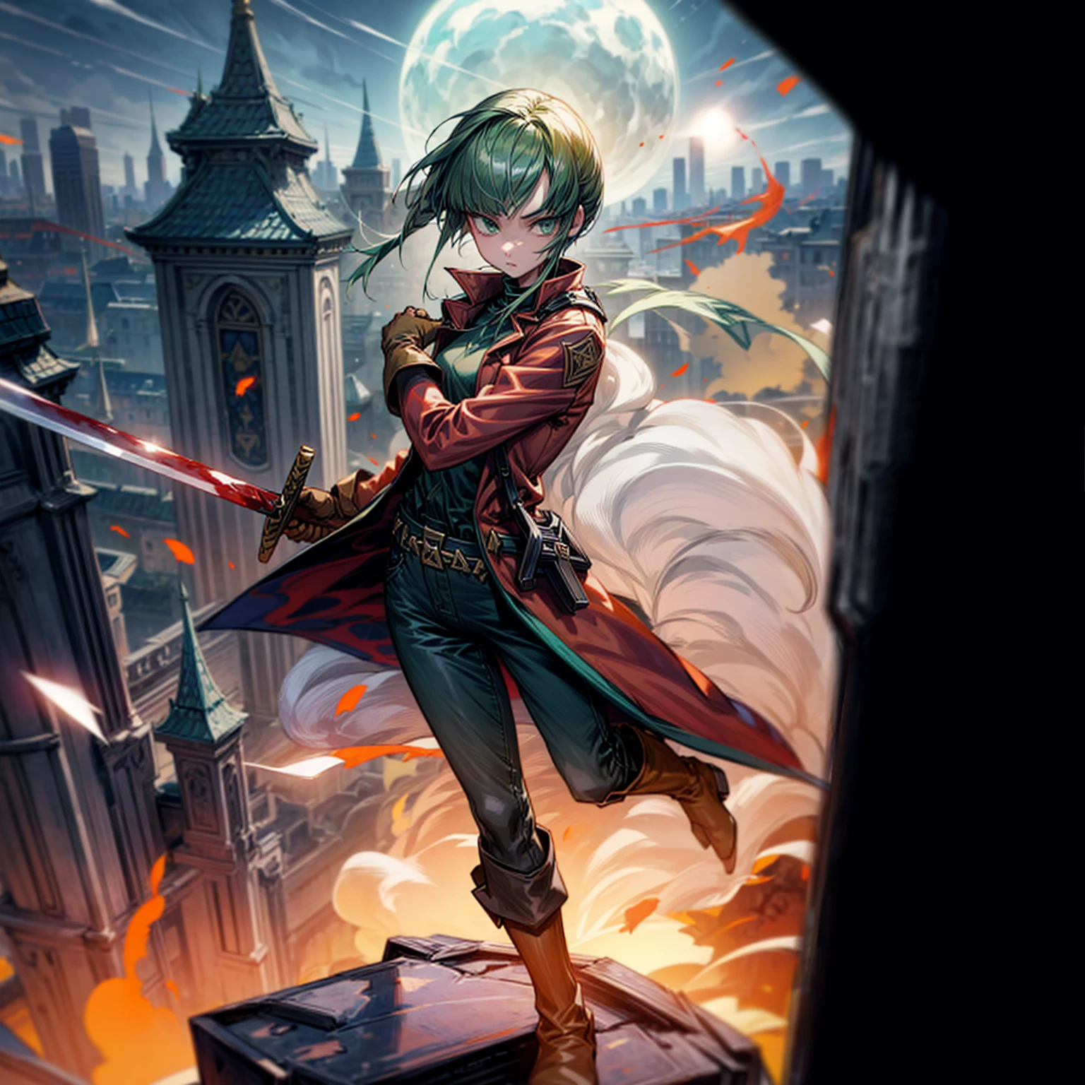1girl, Full body version, 1character, green eyes, short haircut, (green color hair), soldier style clothing, red colour clothing, jacket, jeans, belt, boots, gloves, Grassroots, background On the roof of a city building, (motion blur), (detective conan style art), sword in hand, fire effect on sword, lighting effect on sword, fire effect, smoke effect, aura effect, Moonlight, bloody background, blood on face, blood on shirt, blood on sword