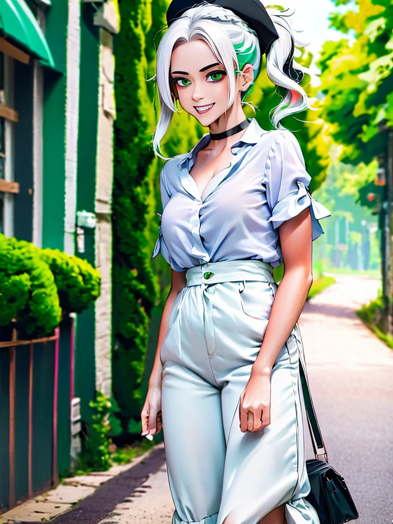 masterpiece , best quality,nahida(genshin impact), 1girl , white shirt:1.5 ,side ponytail ,white hair ,multicolored hair, green eyes,casual outfit , hat , black choker, bag , green hair,busy road , city life
