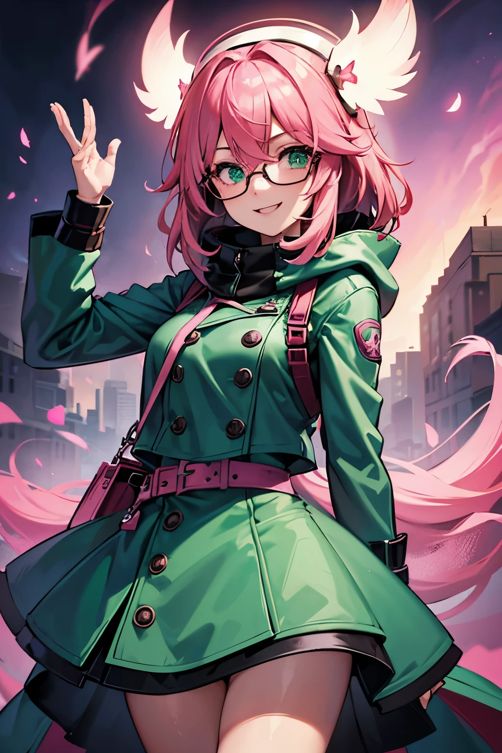 1girl, Heartsteel style, pink hair, medium hair, ushanka, green clothes, pink coat, cool headset, rounded glasses, gamer, 8k, humanization, looking at viewer, smile, attitude, solo, masterpiece, fully dressed, full resolution, high definition, portrait, cute eyes, cheerful, dynamic, elite