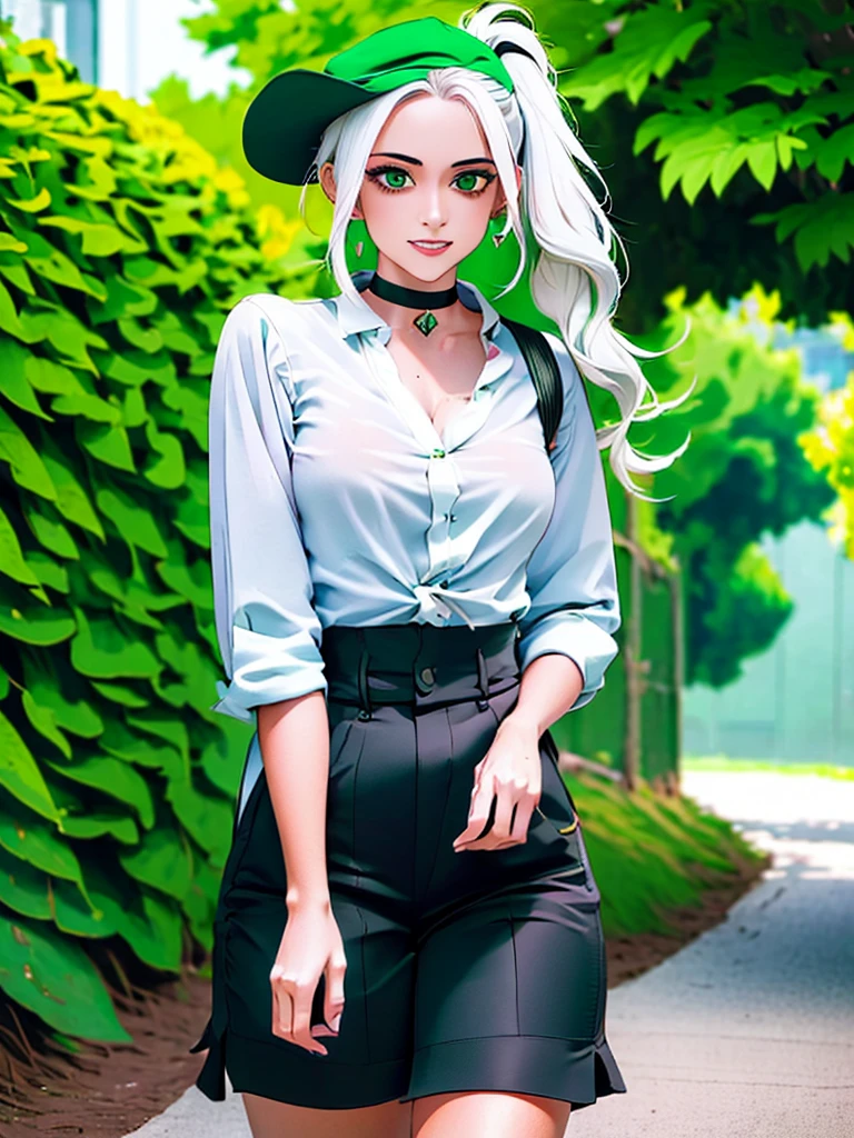 masterpiece , best quality,nahida(genshin impact), 1girl , white shirt:1.5 ,side ponytail ,white hair ,multicolored hair, green eyes,casual outfit , hat , black choker, bag , green hair,busy road , city life 