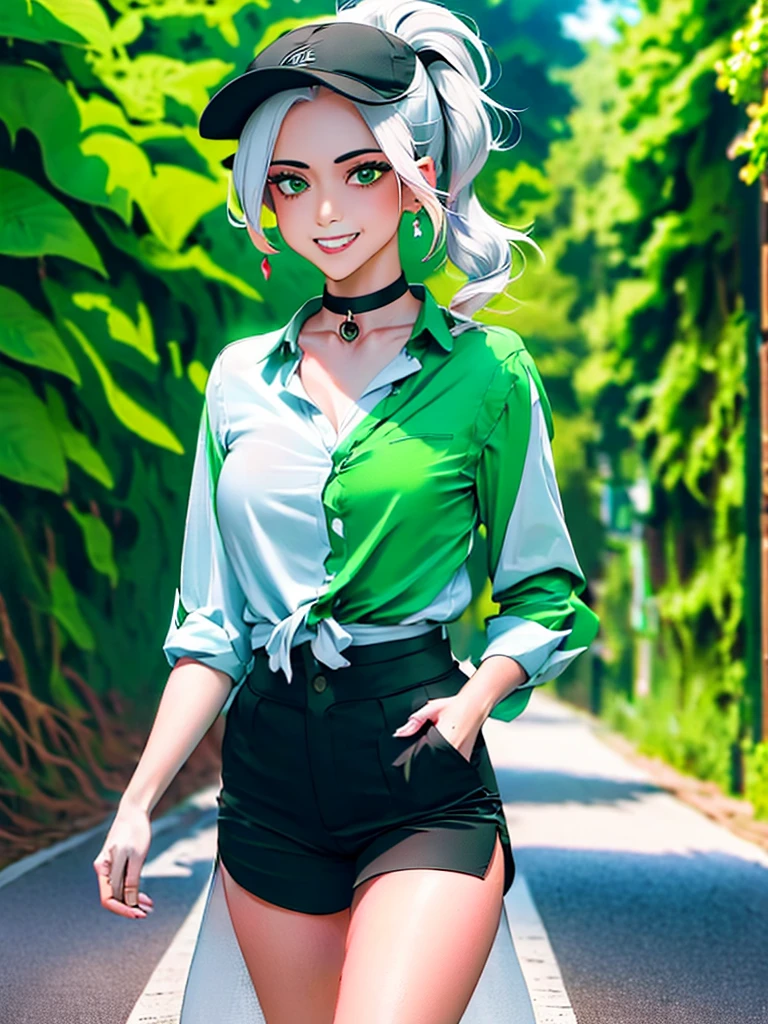 masterpiece , best quality,nahida(genshin impact), 1girl , white shirt:1.5 ,side ponytail ,white hair ,multicolored hair, green eyes,casual outfit , hat , black choker, bag , green hair,busy road , city life 