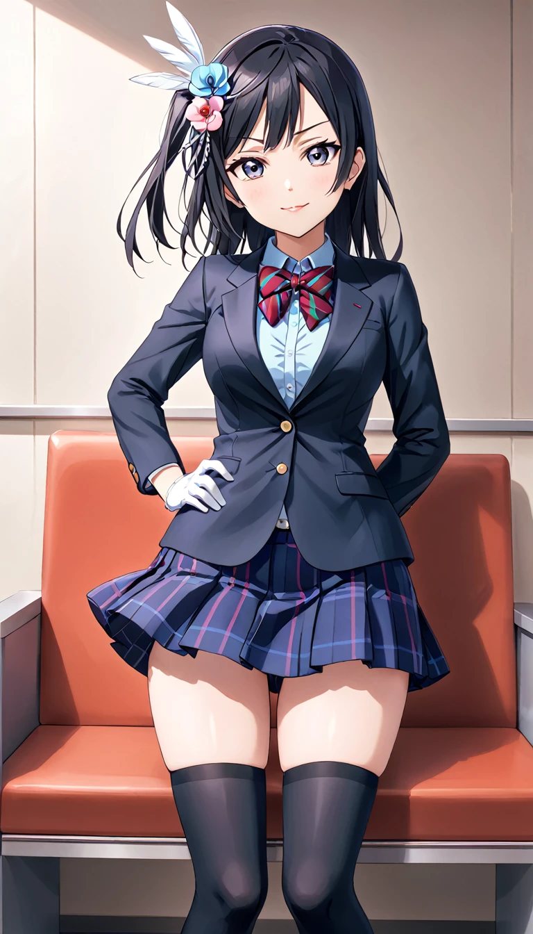 masterpiece, best quality, one side up, feather hair ornament, hair flower, white gloves, legwear, thighhighs, serious smile,closed mouth, (1girl), (solo), otonokizaka ,winter uniform, red striped bow tie, navy blue blazer, blue striped pleated skirt,from front, in live waiting room, put hands on hip, closed mouth,BREAK score_9, score_8_up, score_7_up, score_6_up, source_anime 