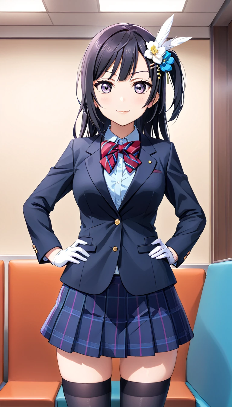 masterpiece, best quality, one side up, feather hair ornament, hair flower, white gloves, legwear, thighhighs, serious smile,closed mouth, (1girl), (solo), otonokizaka ,winter uniform, red striped bow tie, navy blue blazer, blue striped pleated skirt,from front, in live waiting room, put hands on hip, closed mouth,BREAK score_9, score_8_up, score_7_up, score_6_up, source_anime 