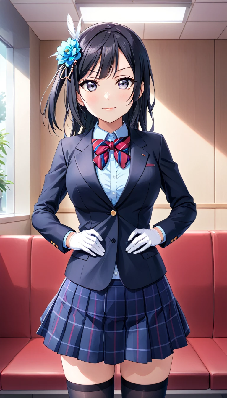 masterpiece, best quality, one side up, feather hair ornament, hair flower, white gloves, legwear, thighhighs, serious smile,closed mouth, (1girl), (solo), otonokizaka ,winter uniform, red striped bow tie, navy blue blazer, blue striped pleated skirt,from front, in live waiting room, put hands on hip, closed mouth,BREAK score_9, score_8_up, score_7_up, score_6_up, source_anime 