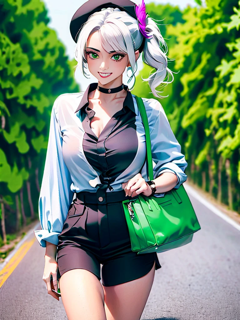 masterpiece , best quality,nahida(genshin impact), 1girl , white shirt:1.5 ,side ponytail ,white hair ,multicolored hair, green eyes,casual outfit , hat , black choker, bag , green hair,busy road , city life 