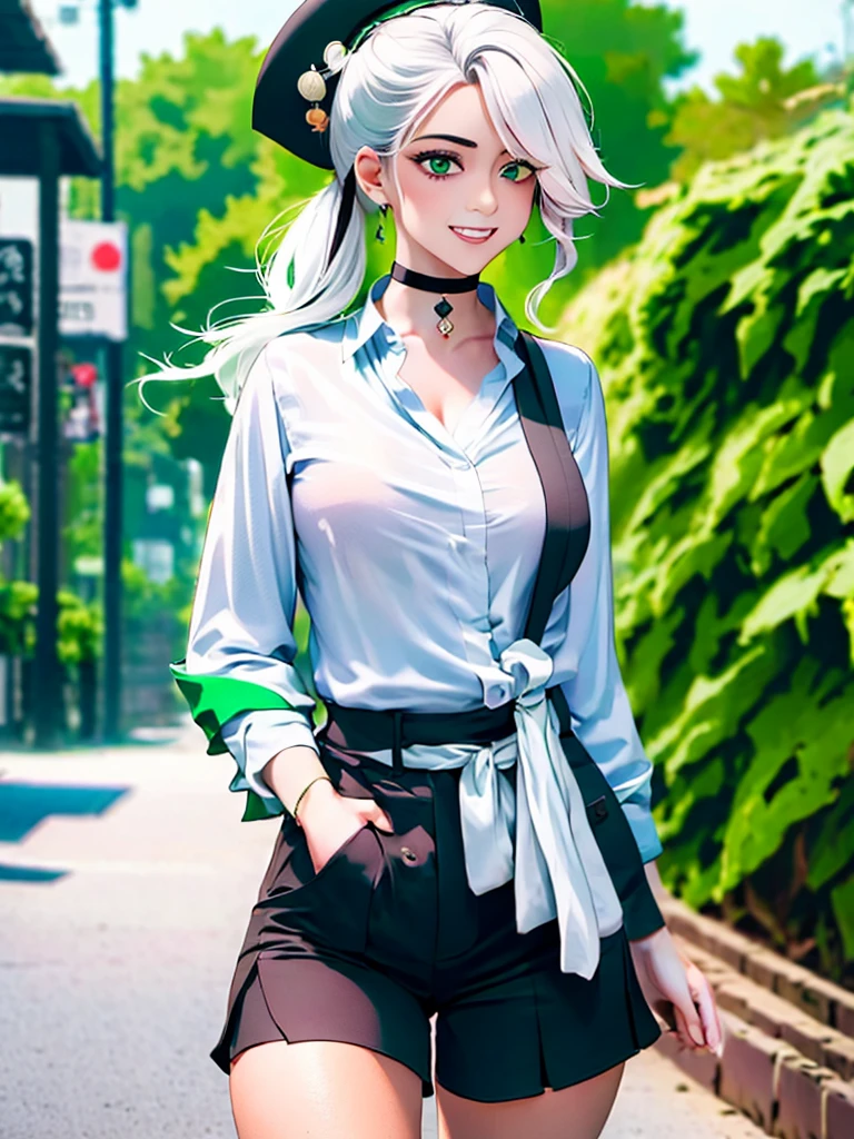 masterpiece , best quality,nahida(genshin impact), 1girl , white shirt:1.5 ,side ponytail ,white hair ,multicolored hair, green eyes,casual outfit , hat , black choker, bag , green hair,busy road , city life