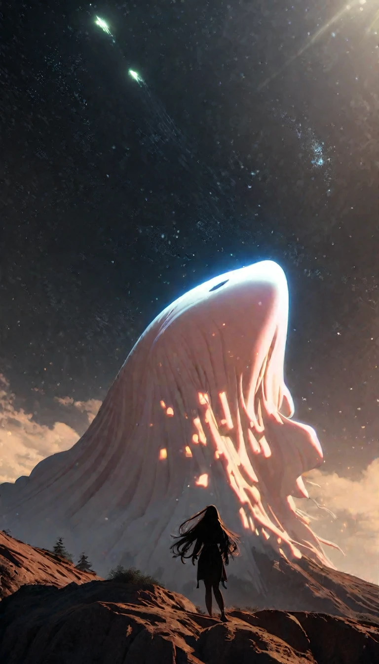 Low angle view,Looking up, A long-haired girl standing on the top of the mountain,A huge, glowing whale flies overhead,Starry Sky,Canon EOS R5,Photo effects,Graininess,Glowing Effects,Super Fine,Ultra-realistic,Real light and shadow contrast,True ray tracing,True light falloff,True light reflection,Anti-aesthetic style,Poodlepunk,Snapshot aesthetic style , High Saturation,CG Art, Makoto Shinkai's photo, pure, Concept Art, Lofi Art style,Shinkai Makoto animation art style, Lofi Art, Beautiful anime scene, Anime Landscape, Detailed scenery, Makoto Shinkai's style, Makoto Shinkai's style, Enhance Details